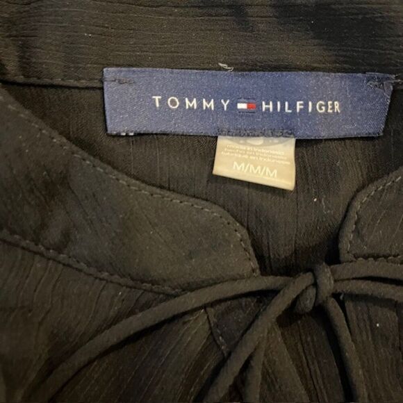 NWOT Tommy Hilfiger Black Ruffle Tie Front Sheer Sleeve Blouse Size Medium - Picture 4 of 9